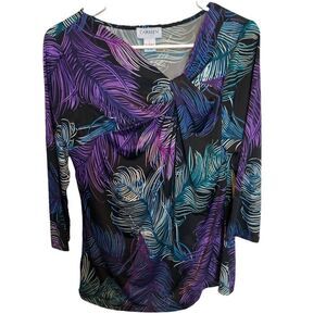 Carmen beautiful multi-color blouse 3/4 sleeve blk/purp/grn twist at neck NWT L